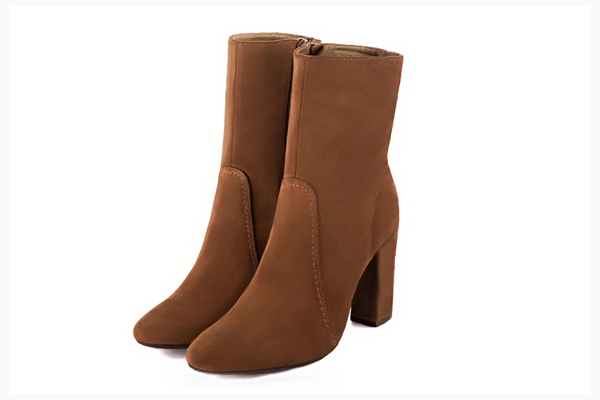 Caramel brown women's booties, with a zip on the inside. Round toe. High block heels - Florence KOOIJMAN